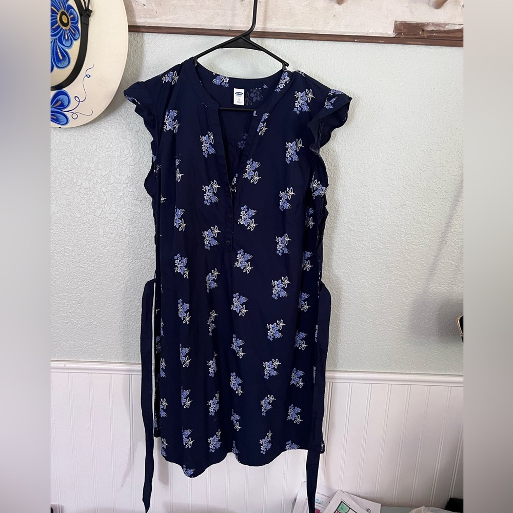 Navy Blue Floral Print T-shirt Dress with Belt